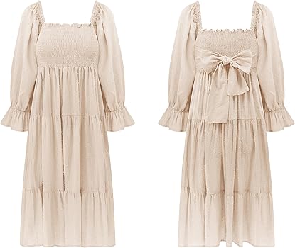 R.Vivimos Women's Summer Cotton Polka Dots Puff Sleeves Bow Casual